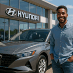 Man standing next to a Hyundai Dealership on a nice day.