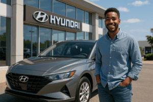 Man standing next to a Hyundai Dealership on a nice day. Ai generated.