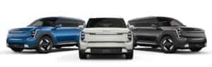 2025 Hyundai EV9 models in blue, white, and metal grey