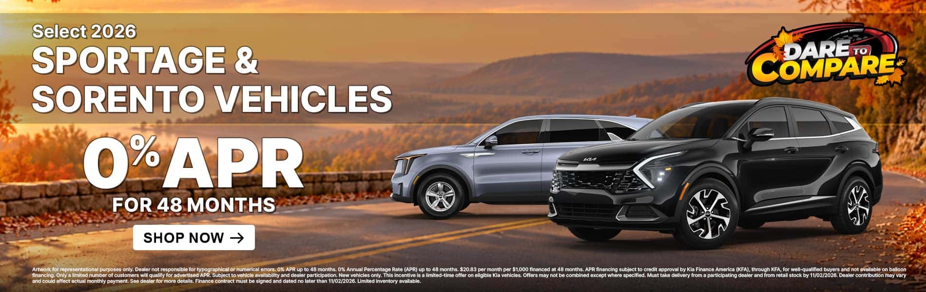 Select Sportage & Sorento Vehicles 0% APR for 48 mos.